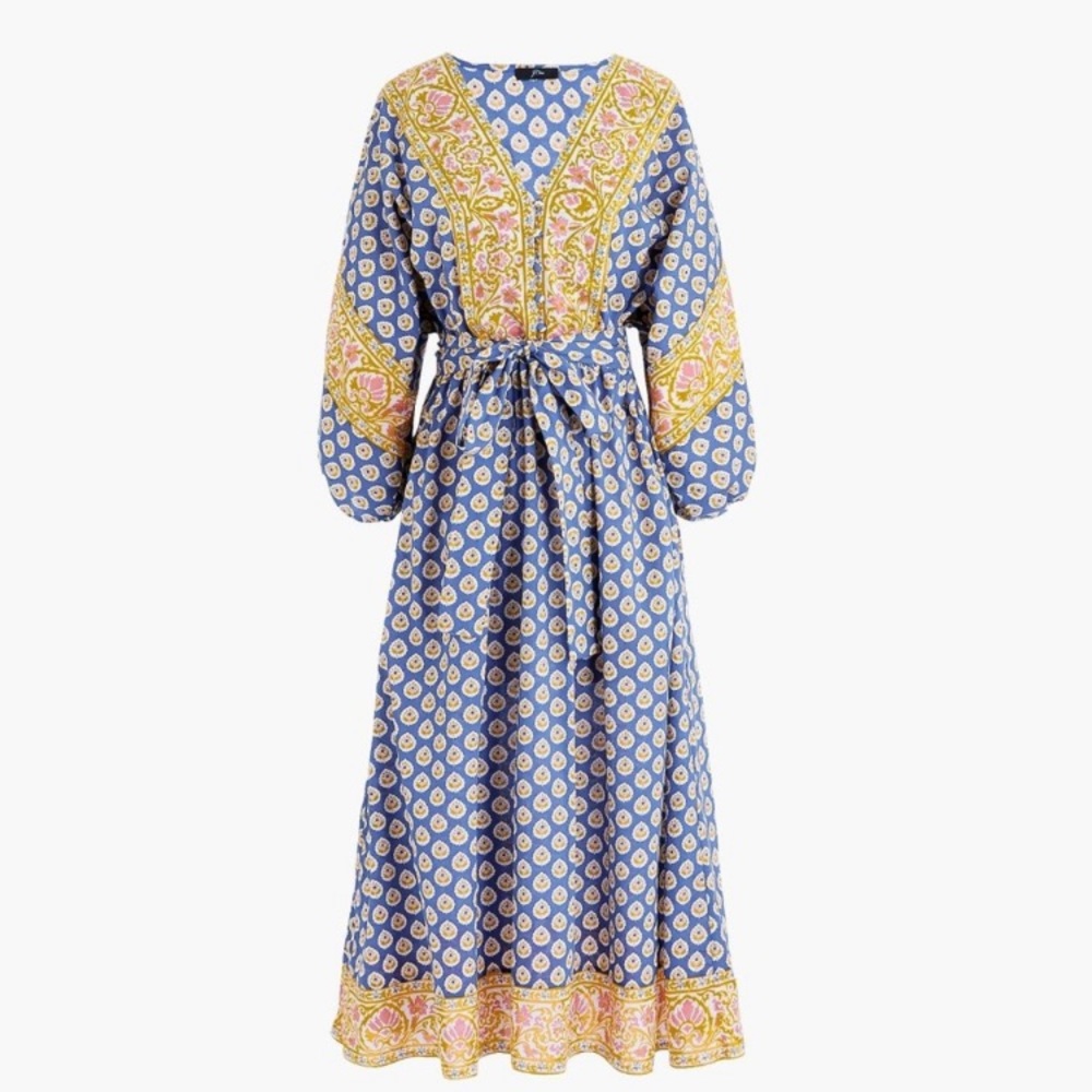 Blue tie-waist, block print midi dress